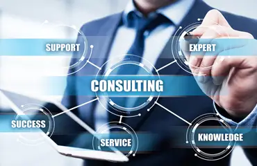 The backdrop is a close-up of a man in a suit coat with the word consulting in white in the middle with a line reaching out like a clock with the words expert, knowledge, service, success, and support in circles